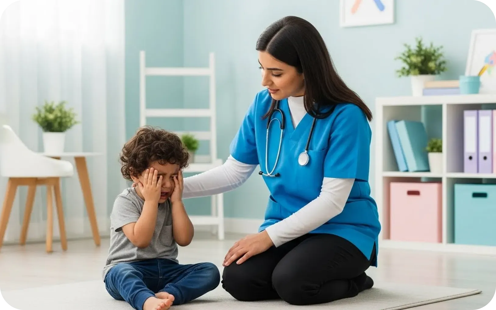 أخصائية تدعم طفلًا خلال جلسة علاجية في مركز درع الطفولة